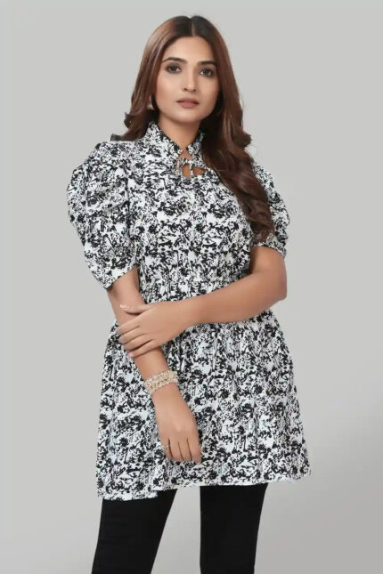 Black Floral Ruffle Collar Crepe Top with Tie-Up Neck for Women by ZELZIS