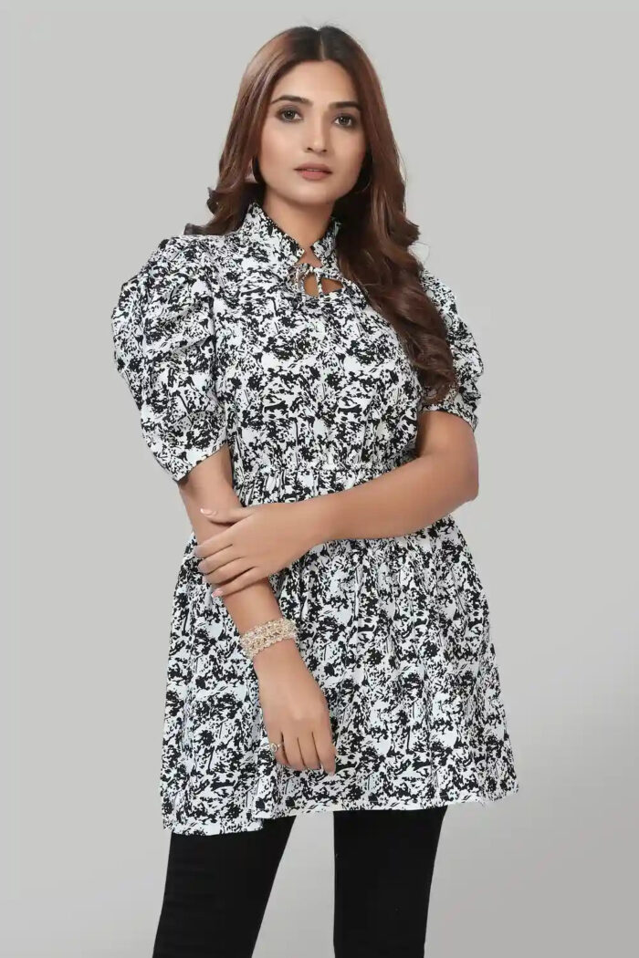 Black Floral Ruffle Collar Crepe Top with Tie-Up Neck for Women by ZELZIS