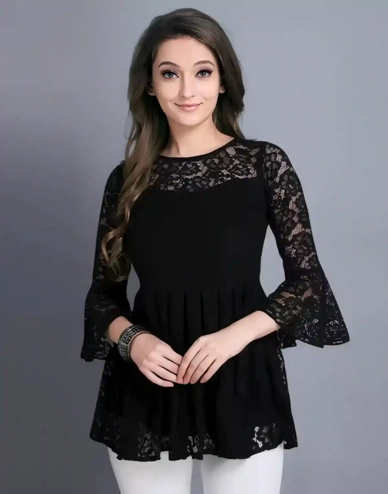 Black Russle Net Top with Crepe Inner for Women by ZELZIS