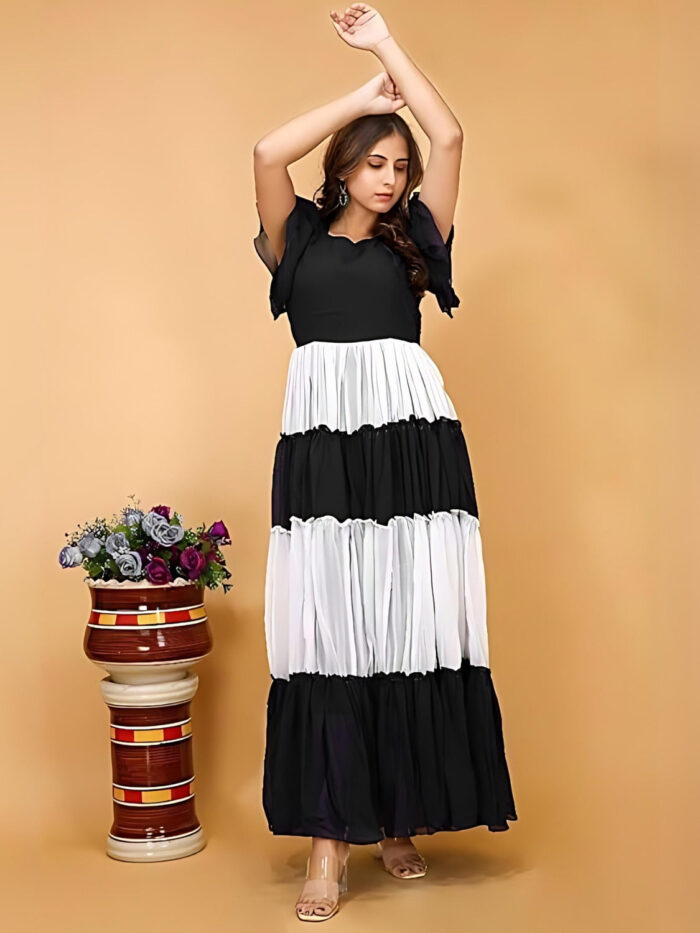 Black V Neck Colourblocked Maxi Dress for Women by ZELZIS
