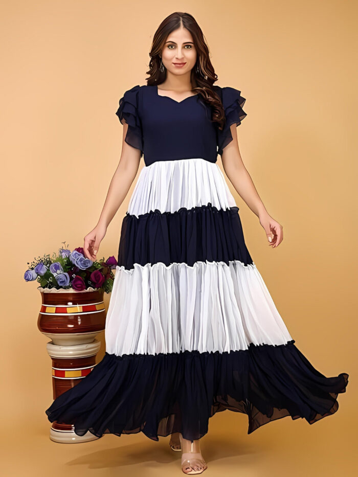 Blue Colourblocked V Neck Dress for Women by ZELZIS