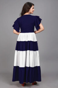Blue Colourblocked V Neck Maxi Dress for Women by ZELZIS