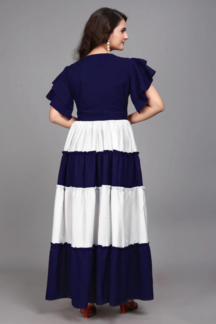 Blue Colourblocked V Neck Maxi Dress for Women by ZELZIS