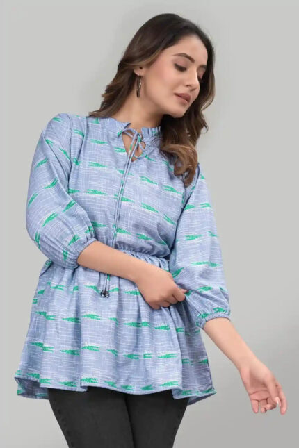 Blue Floral Ruffle Neck Crepe Tunic for Women by ZELZIS