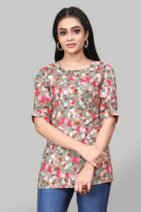 Brown Floral Crepe Tunic with Round Neck for Women by ZELZIS