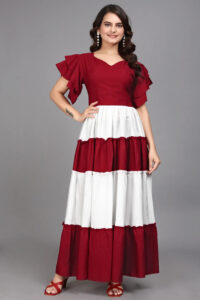 Casual & Party Wear Maroon Colourblocked Flared Maxi Dress
