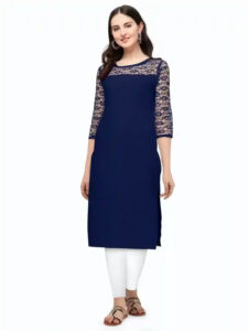 Casual and party wear blue crepe kurtis for women calf-length design