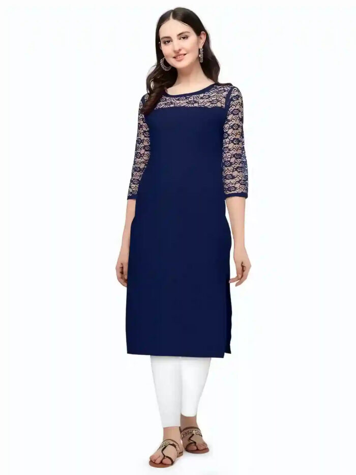 Casual and party wear blue crepe kurtis for women calf-length design