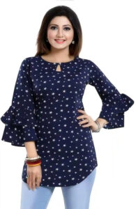 Chic Blue Bell Sleeve Tunic for Women – Star-Patterned Crepe Top