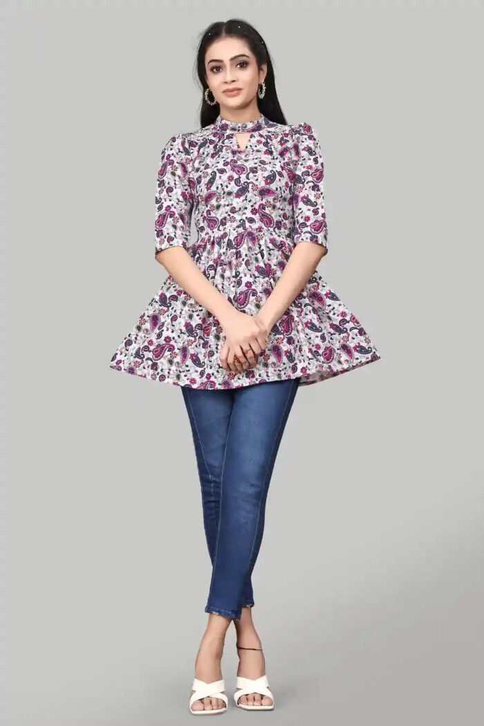 Chic Pink Floral Mango Tunic with Three Quarter Sleeves for Women