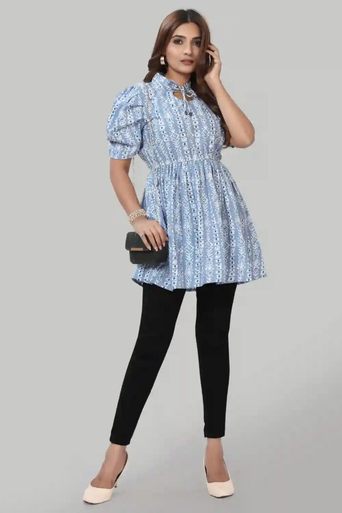 Chic Sky Floral Tie-Up Neck Top – Perfect for Casual & Party Occasions