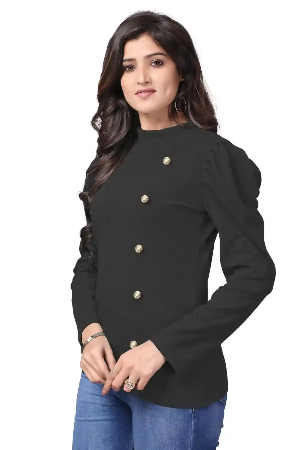 Elegant Black Full Sleeve T-Shirt with Button Neck and Puff Sleeves