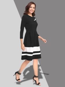 Elegant Black Knee-Length Skater Dress for Women - Round Neck Design