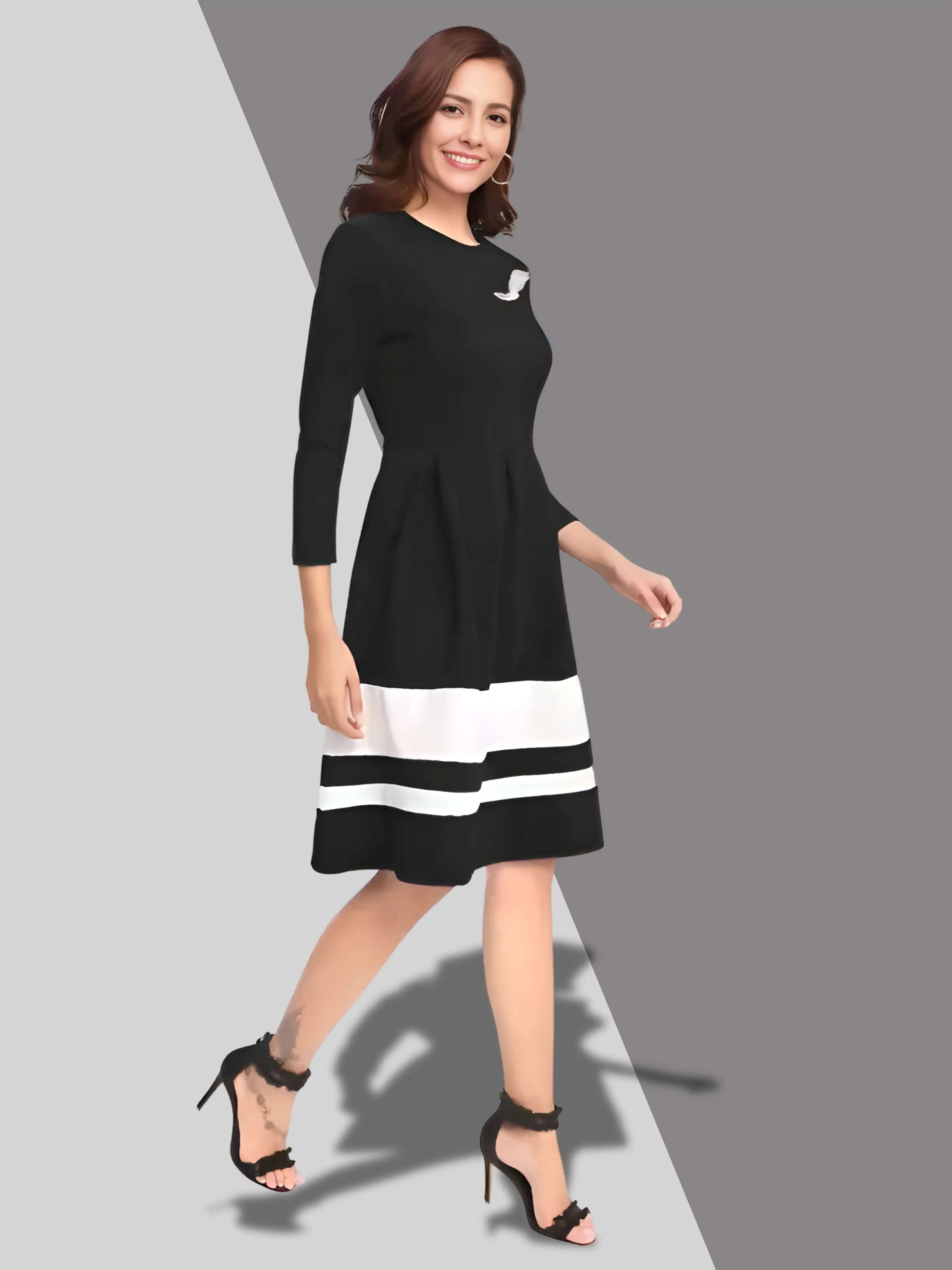 Elegant Black Knee-Length Skater Dress for Women - Round Neck Design