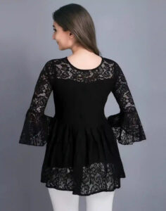 Elegant Black Self-Design Russle Net Top with Crepe Inner
