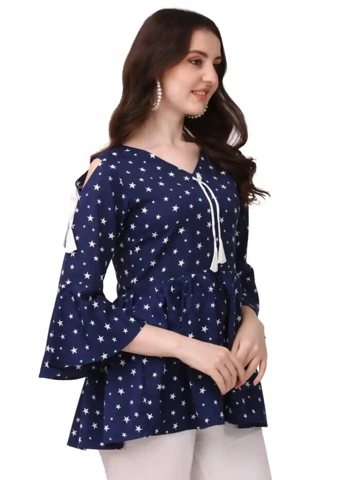 Elegant Blue Fancy Cutout Tunic with Star Print for Women