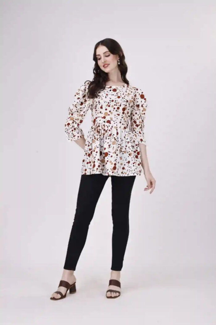 Elegant Brown 2D Dot Print Crepe Tunic with Round Neck for Casual Wear