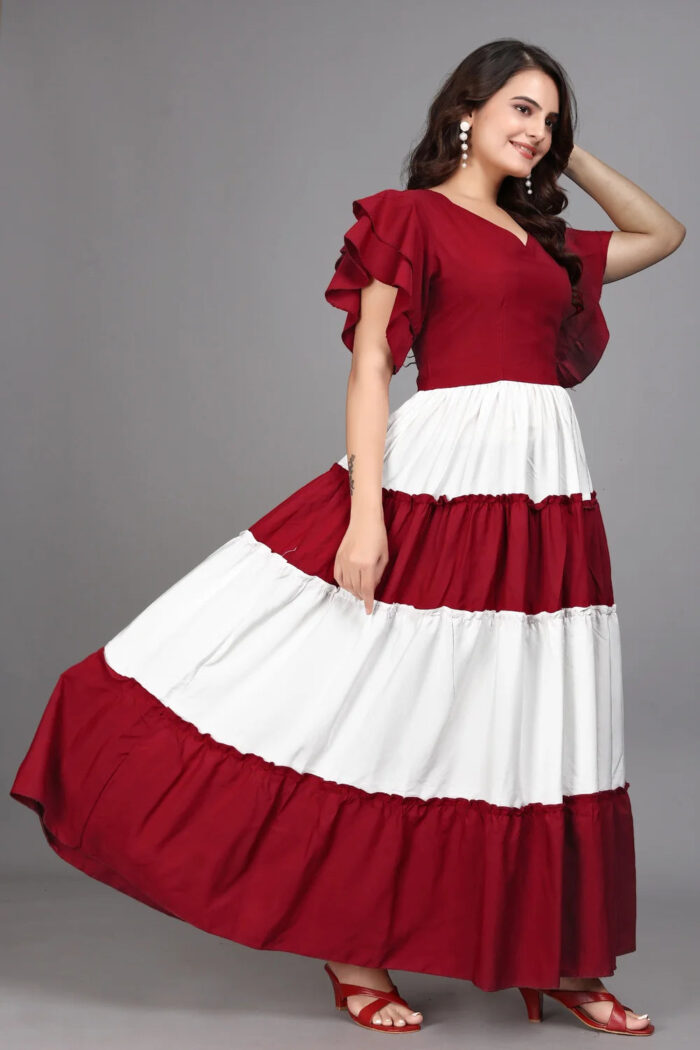Elegant Maroon Colourblocked Maxi Dress with Flared Sleeves