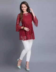 Elegant Maroon Solid Top with Russle Net and Crepe Inner for Women
