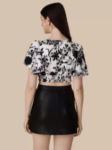 Elegant White Crepe Crop Top with Floral Print and V-Neck Design