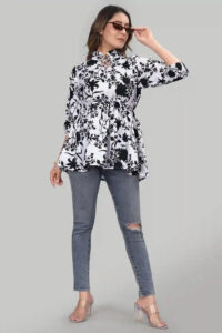 Elegant White Floral Ruffle Neck Tunic with Hip-Length Fit for Women