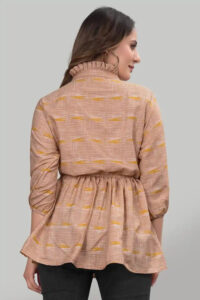 Elegant Yellow Floral Ruffle Neck Tunic with Three Quarter Sleeves