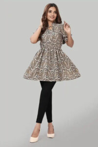 Fashionable Brown Three-Quarter Sleeve Top with Ruffle Neck Detail