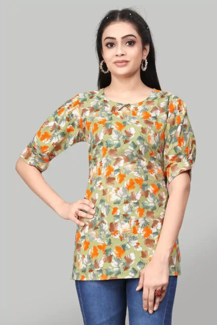 Fresh Green Crepe Tunic with Stylish Round Neck for Women