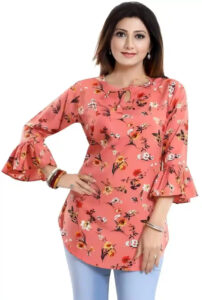 Orange Floral Tie-Up Neck Crepe Tunic Top for Women