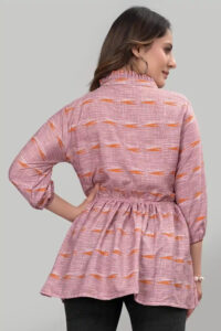 Peach Floral Tunic Top with Ruffle Neck for Women