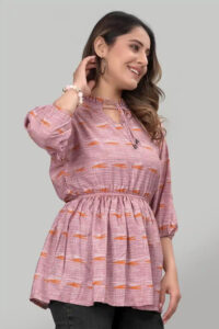 Peach Ruffle Neck Crepe Tunic Top for Women