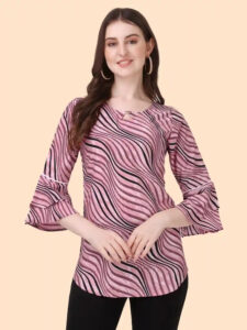 Peach Striped Keyhole Neck Crepe Tunic for Women by ZELZIS