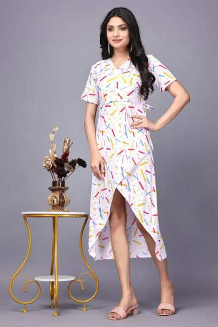 Pink and White V-Neck Dress with Colorful Sticks Pattern
