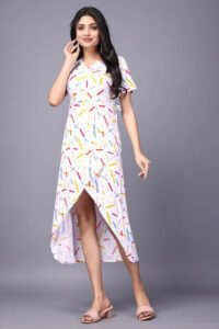 Polyester V-Neck Dress for Women – Red & White with Regular Sleeves