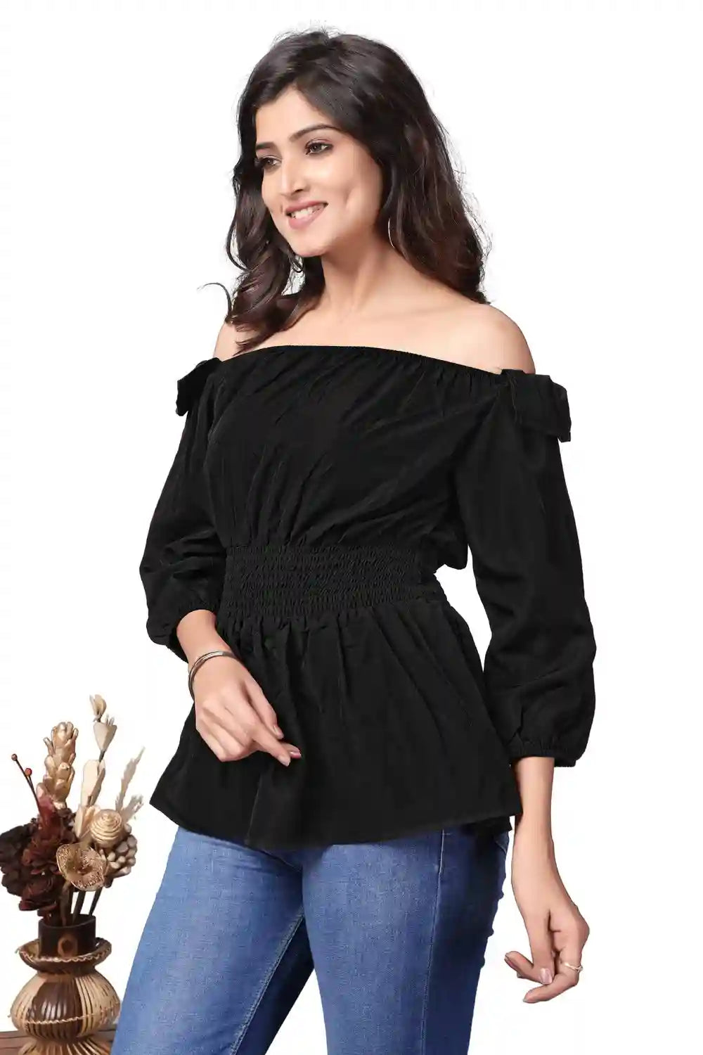 Stylish Black Crepe Off Shoulder Tunic for Women’s Party Wear