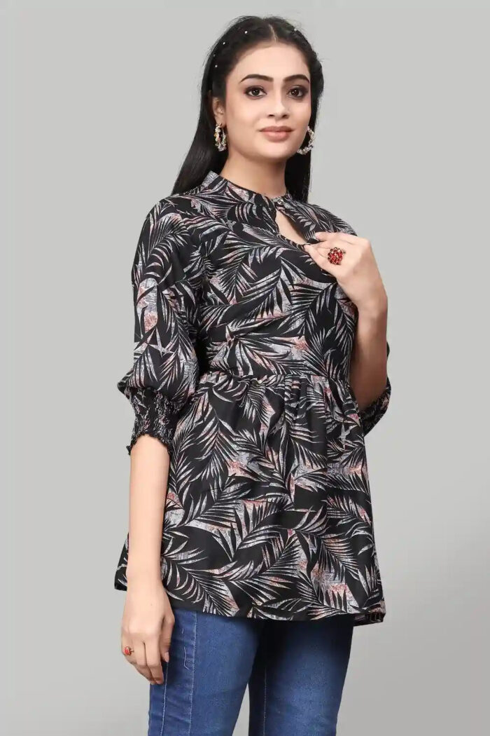 Stylish Black Rayon Tunic with Leaf Pattern and Hip-Length Fit