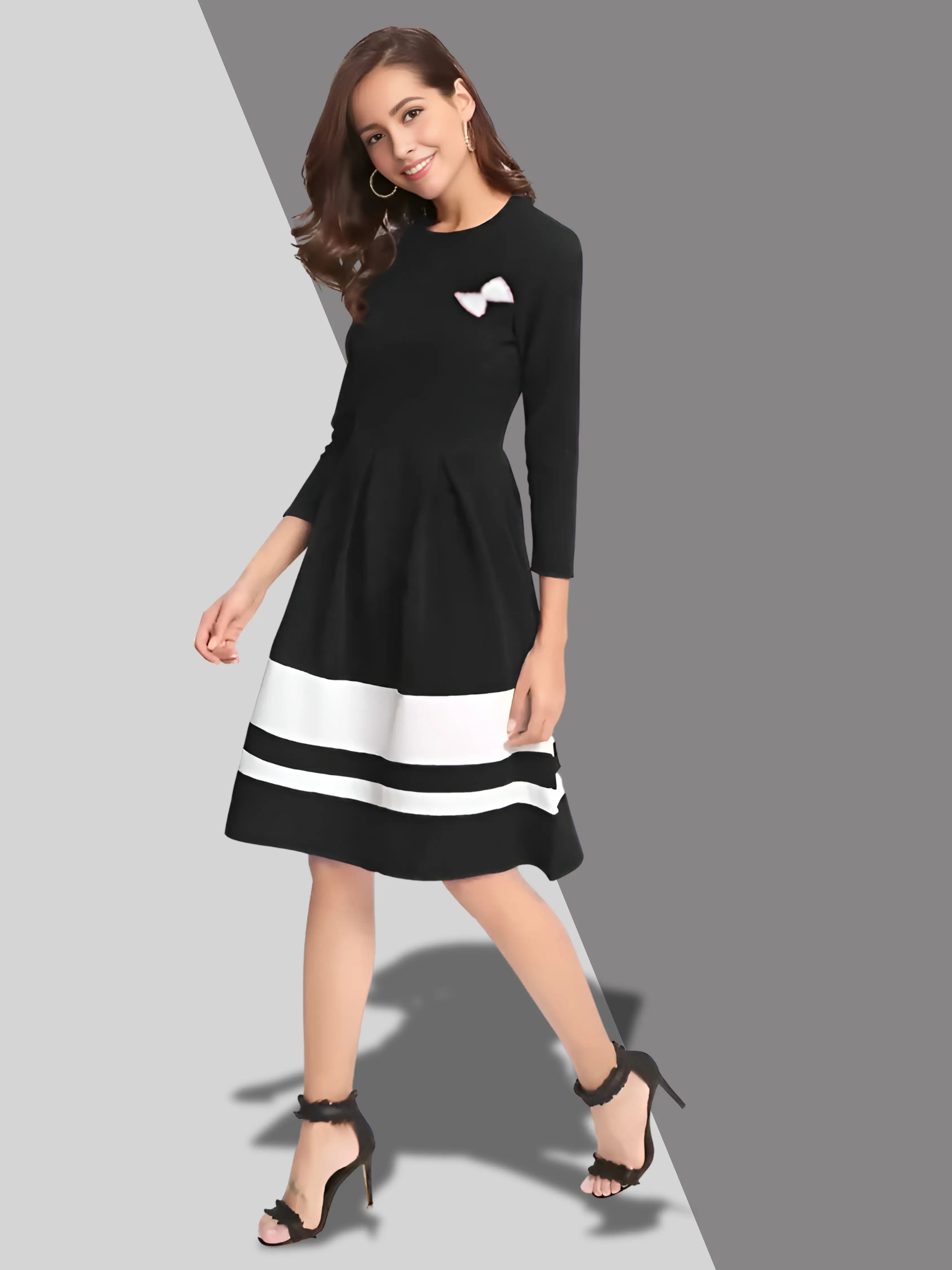 Stylish Black Skater Dress with Three-Quarter Sleeves - Casual & Party Wear