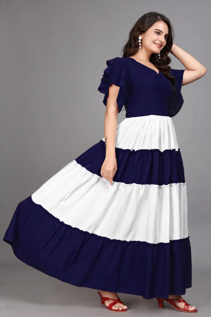 Stylish Blue Colourblocked V Neck Maxi Dress by ZELZIS