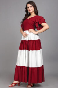 Stylish Maroon Colourblocked V Neck Maxi Dress by ZELZIS