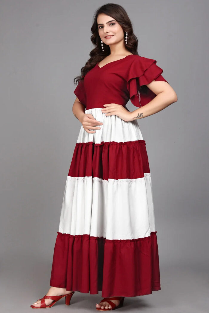 Stylish Maroon Colourblocked V Neck Maxi Dress by ZELZIS