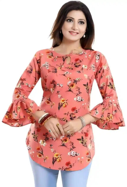 Stylish Orange Bell Sleeve Tunic with Tie-Up Neck for Women