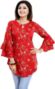 Stylish Red Crepe Tunic with Floral Design and Bell Sleeves for Women