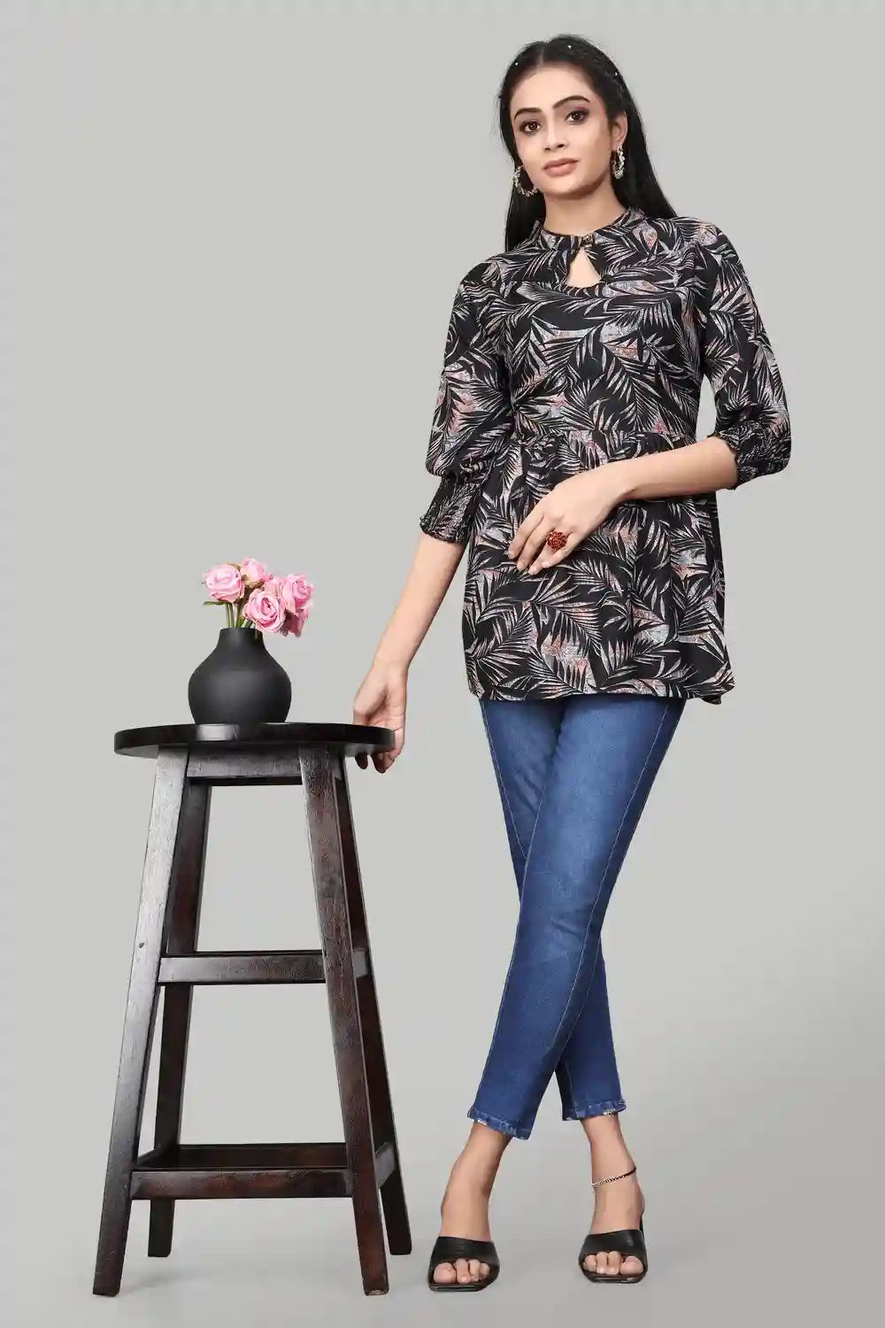 Trendy Black Floral Rayon Tunic with Three Quarter Sleeves for Women