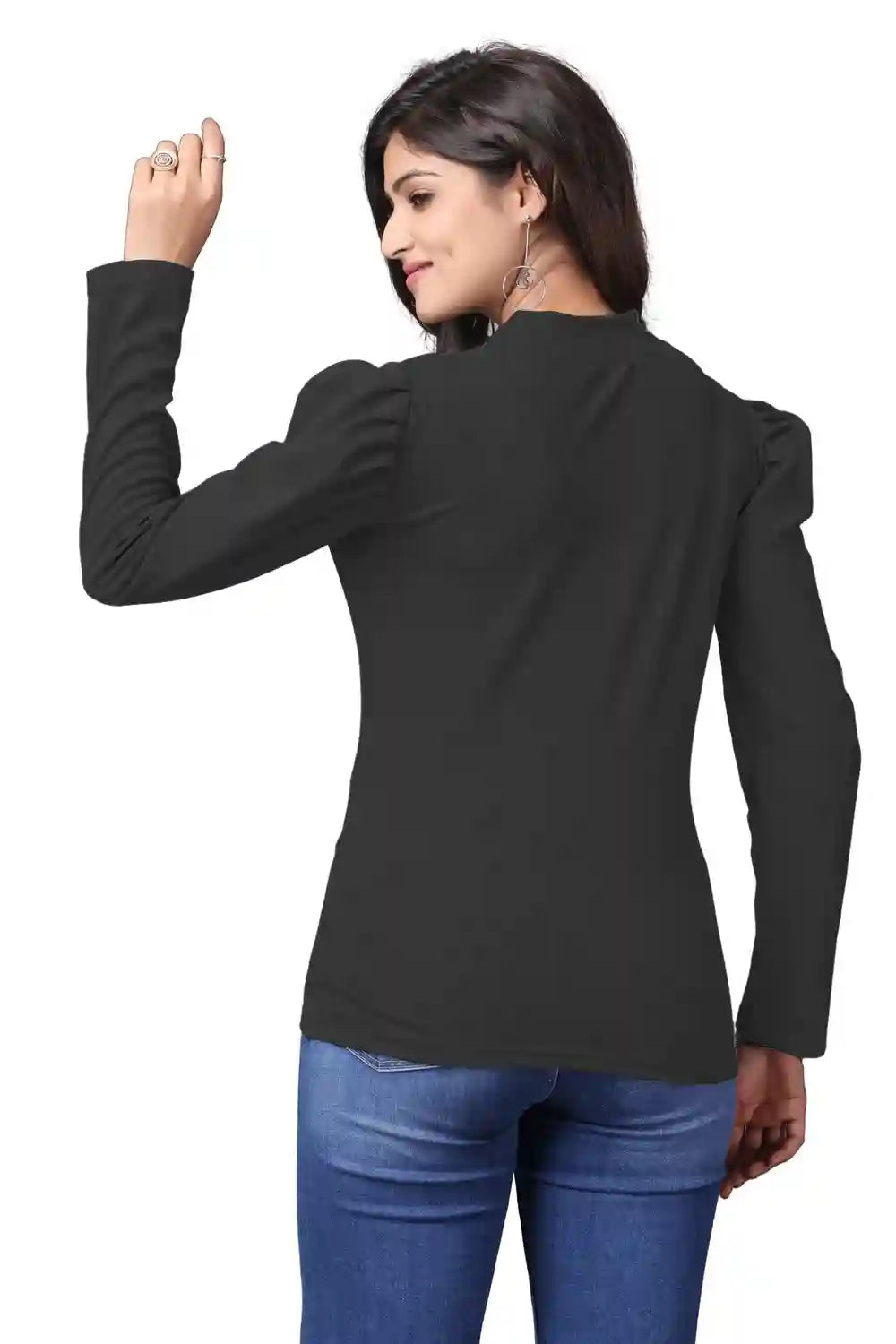 Trendy Black Full Sleeve T-Shirt with Puff Sleeves and Button Closure