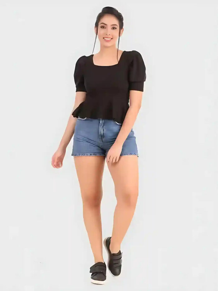 Trendy Black Polyester Top with Puff Sleeves for Casual & Party Occasions