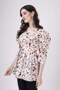 Trendy Brown Dot Pattern Tunic with Three Quarter Sleeves for Women