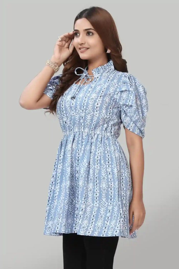 Trendy Hip-Length Sky Blue Crepe Ruffle Top – Soft and Fashionable