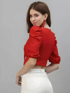 Trendy Short-Length Red Top with a Chic Tie-Up Neck Design