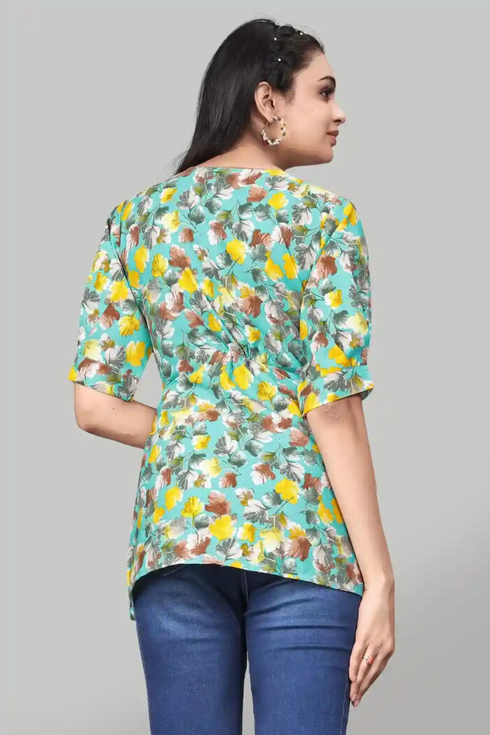 Trendy Sky Green Floral Crepe Tunic with Short Sleeves for Women Party Wear