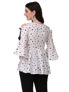 Trendy White Crepe Tunic with Star Print and Elegant Cutout Detail